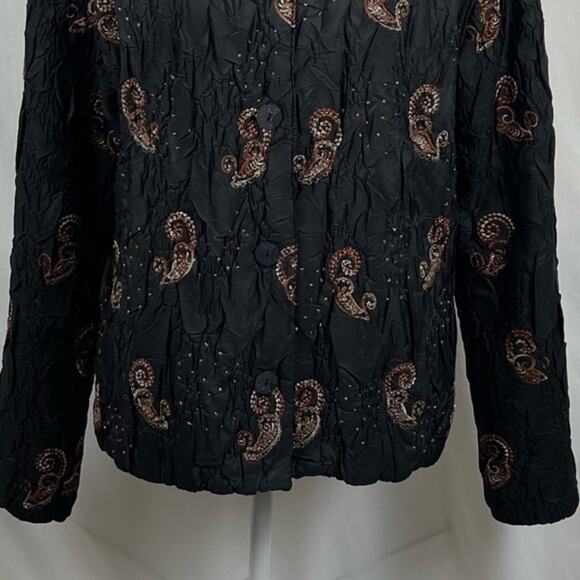 DB Spirt Crinkle Black Beaded Embroidered Party Event Jacket Vintage Size L - Picture 4 of 13
